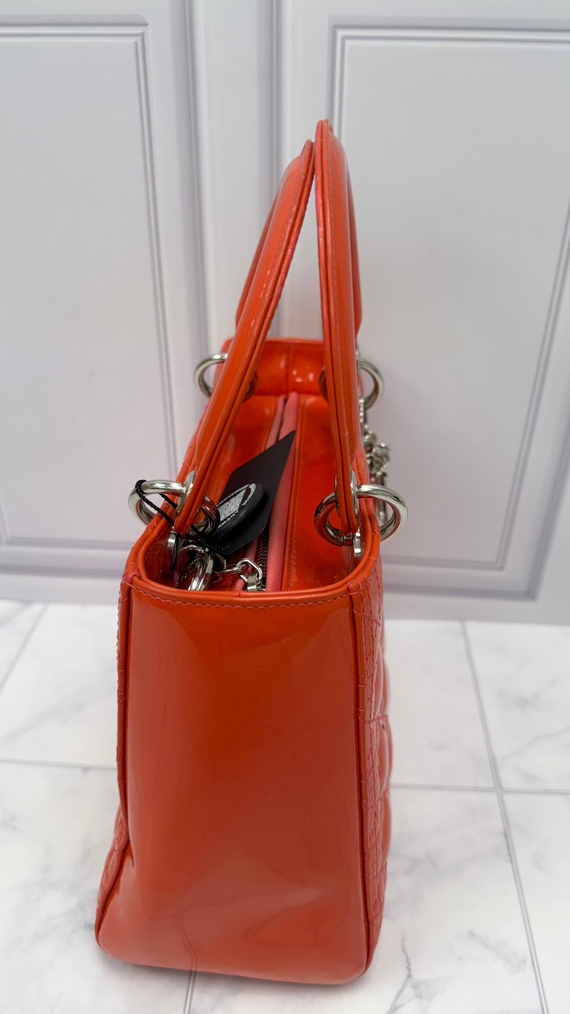 Christian Dior Orange Patent Leather Cannage Medium Lady Dior