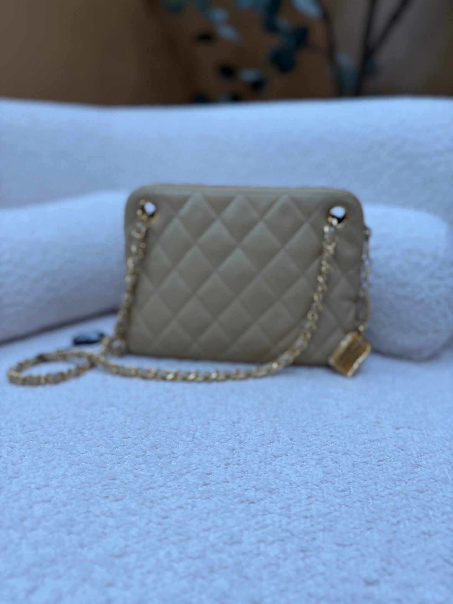 Chanel Beige Quilted Lambskin Chain Shoulder Bag