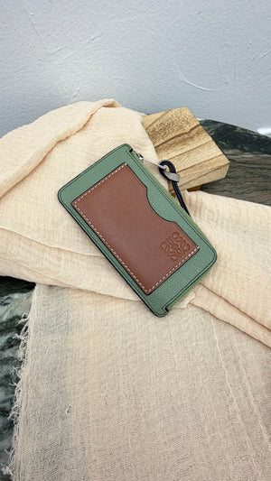 Loewe Green And Brown Leather Zippy Card Holder
