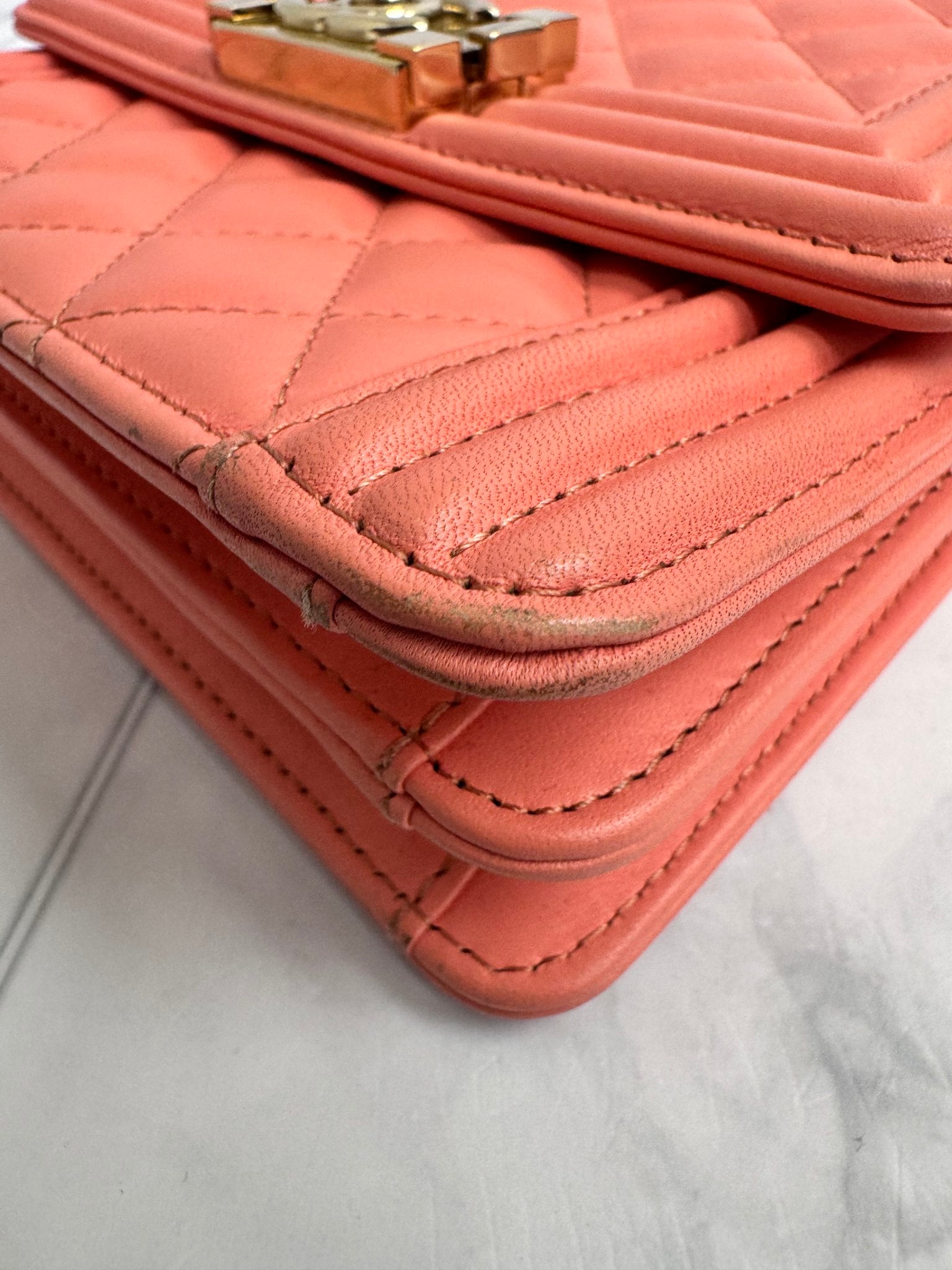 Chanel Coral Quilted Leather North South Boy Flap Bag