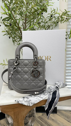 Christian Dior  Matte Grey Cannage Leather Small Lady Dior & Twilly