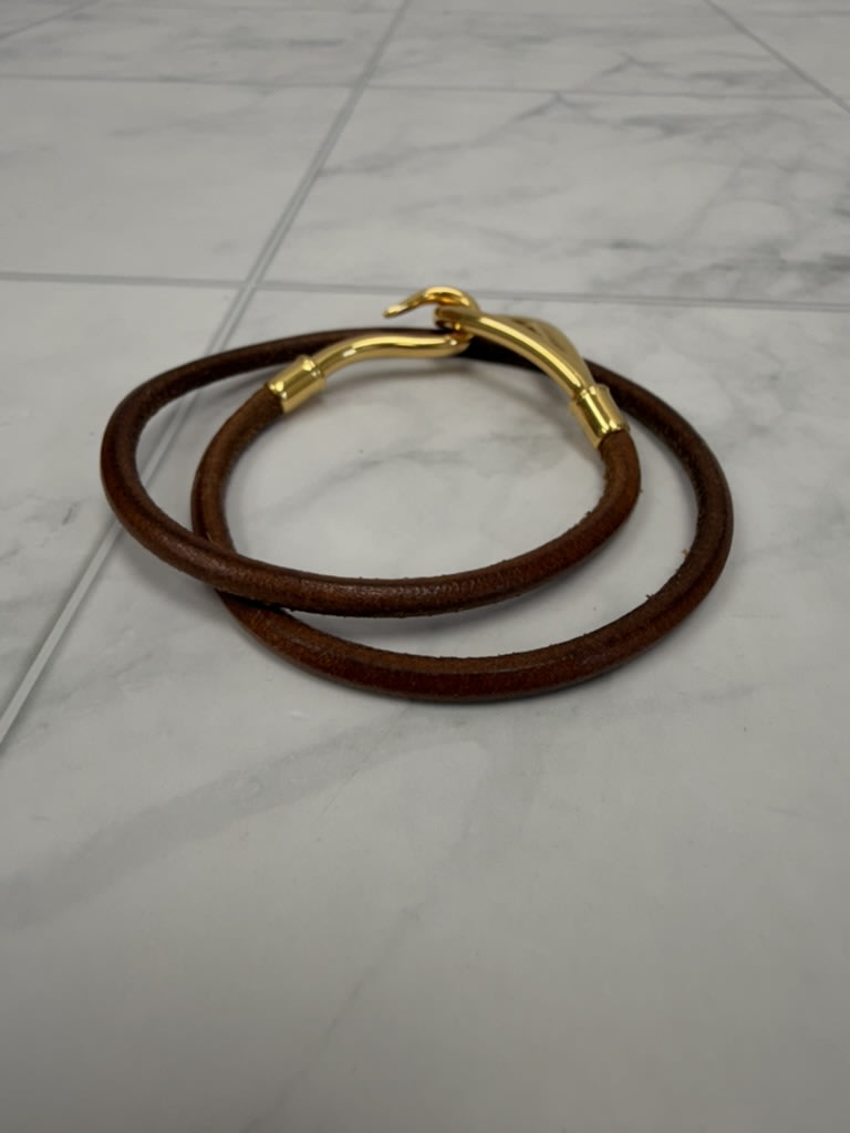 Hermes Brown Leather & Gold Tone Jumbo Double Hook Wrap Bracelet