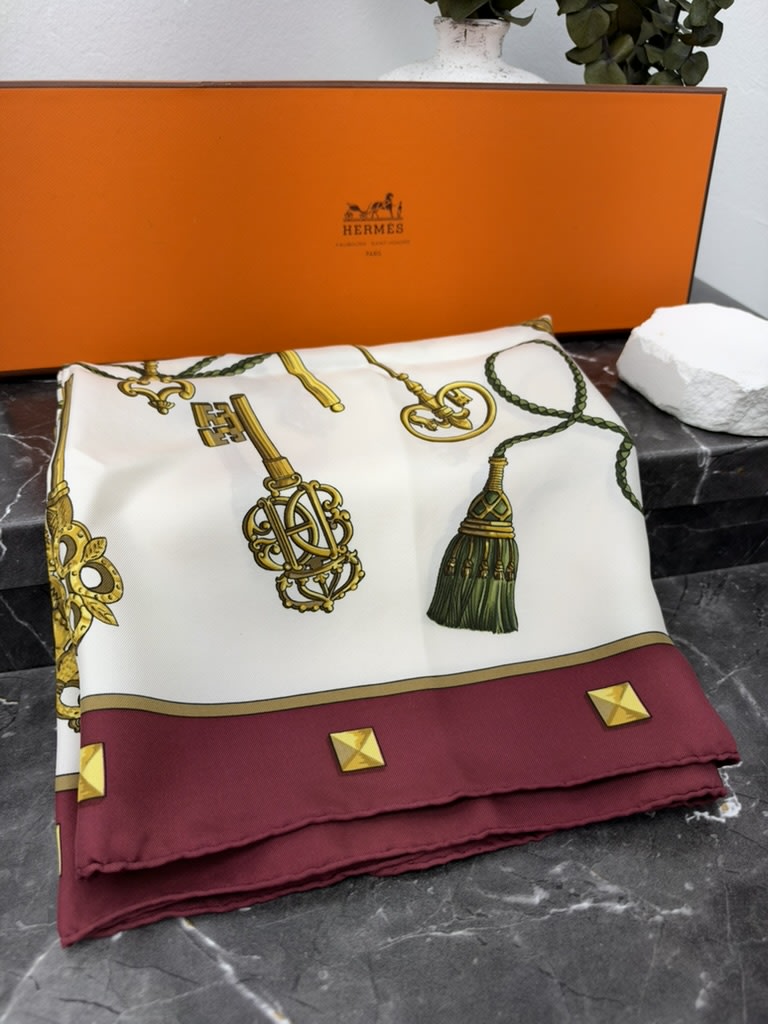 Hermes Burgundy & Ivory Silk Les Cles Scarf 