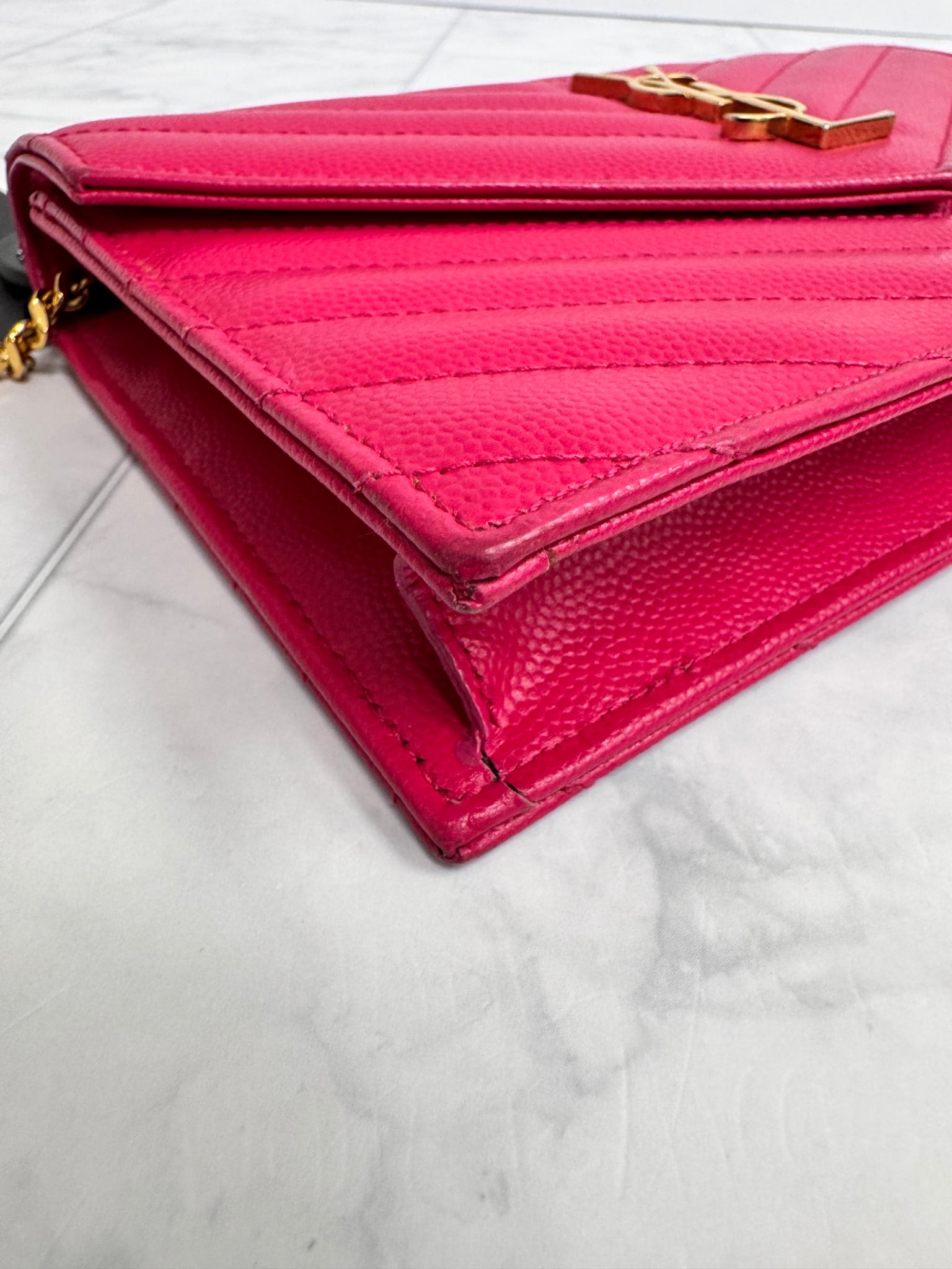 Saint Laurent YSL Pink Chevron Quilted Pebbled Leather Small Envelope Wallet On A Chain