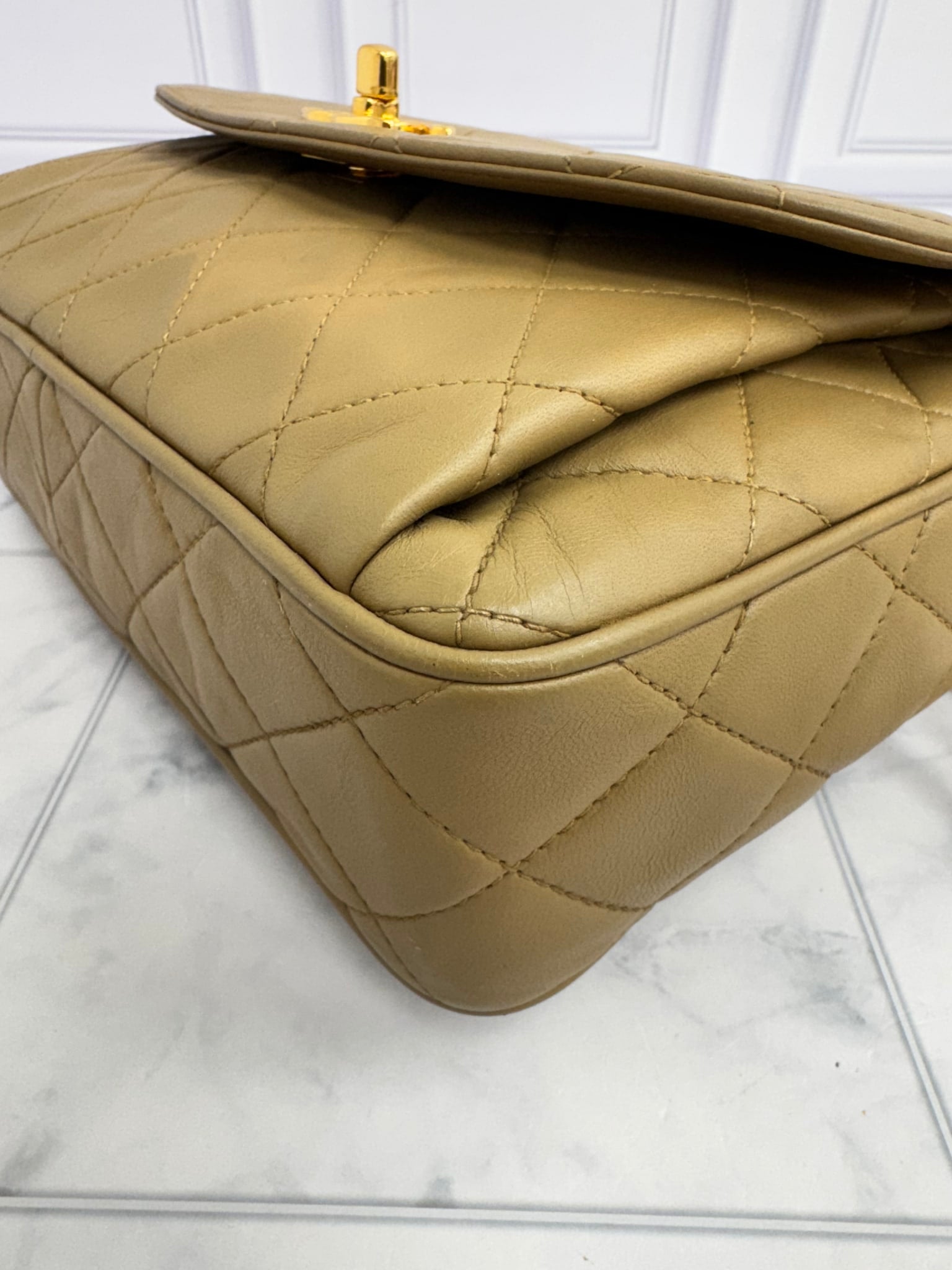 Chanel Khaki Quilted Lambskin Medium Flap Camera Bag 