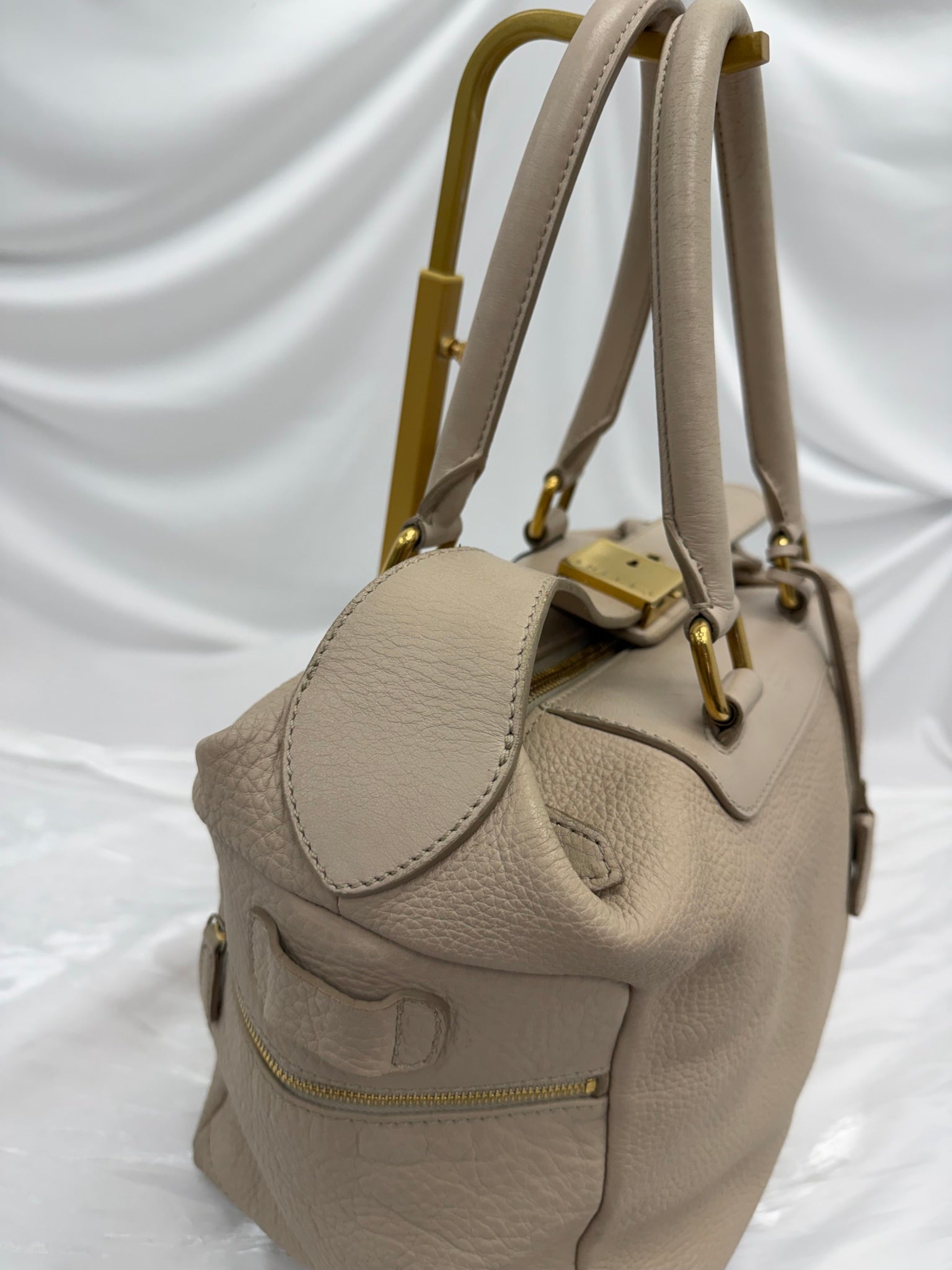 Celine Cream Pebbled Leather Top Handle Lock Bag
