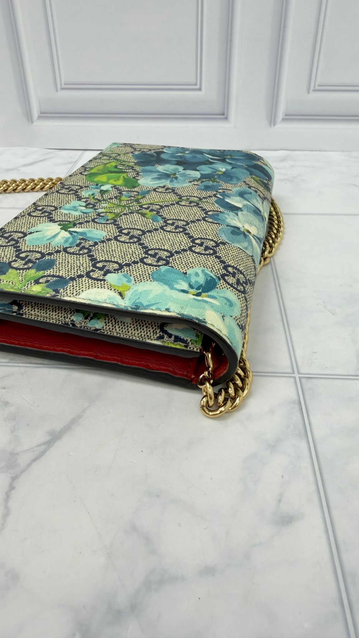 Gucci Blue GG Supreme Blooms Wallet on A Chain