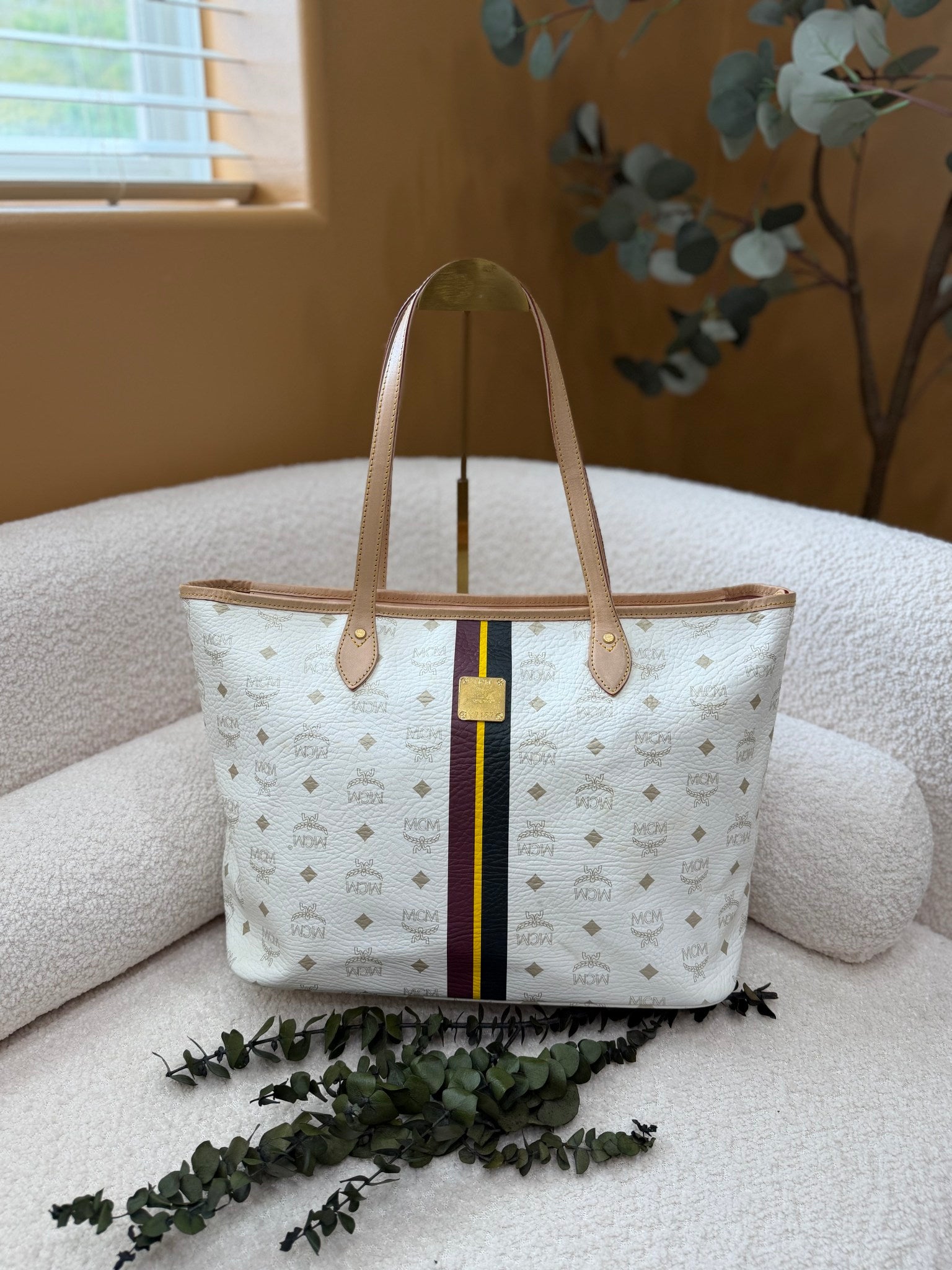 MCM Visetos Striped White Shopper Tote