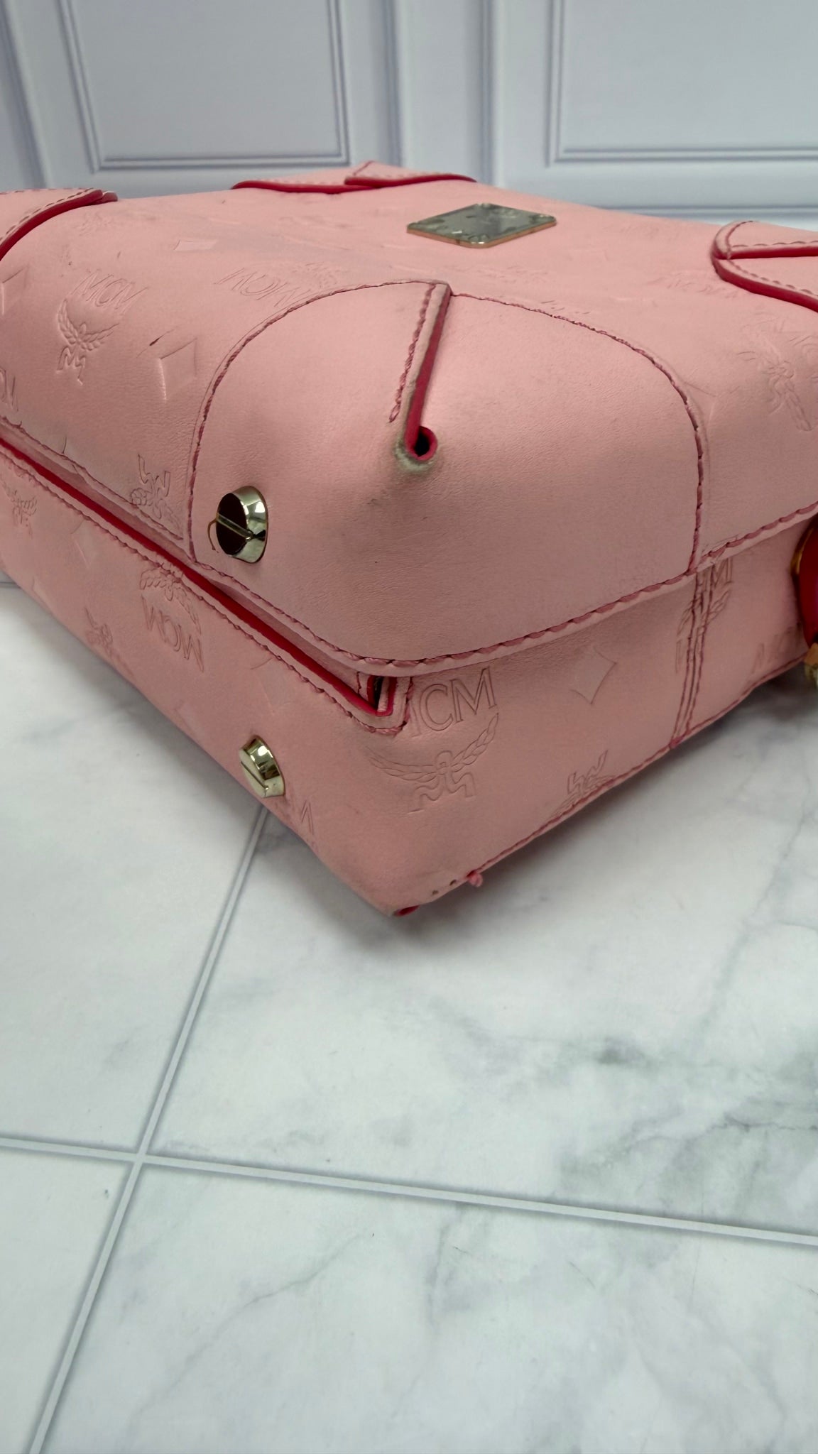 MCM Light Pink Embossed Visetos Leather Soft Berlin Box Trunk Crossbody