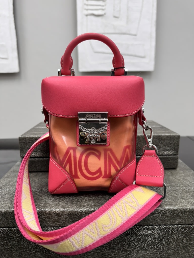 MCM Pink Leather And PVC Berlin Transparent Block Mini Crossbody Bag