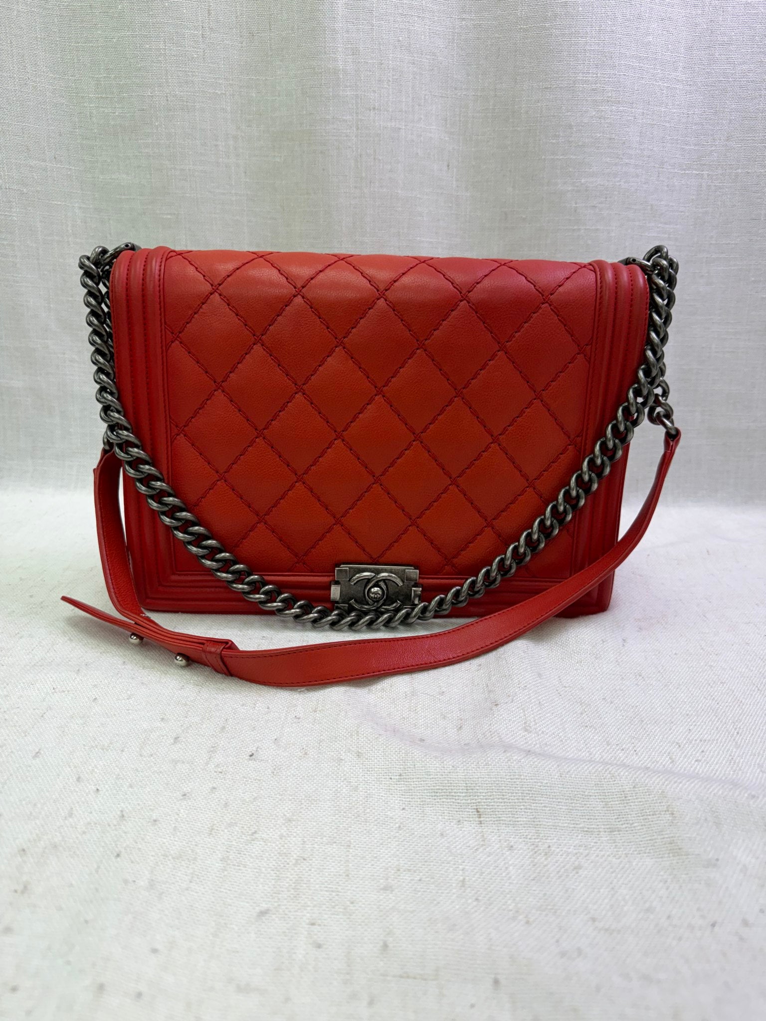 Chanel Red Diamond Stitch Lambskin Large Boy Bag