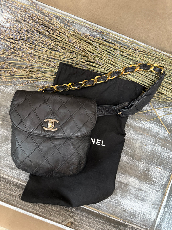 Chanel Black Quilted Lambskin Leather CC Waist Belt Bag 