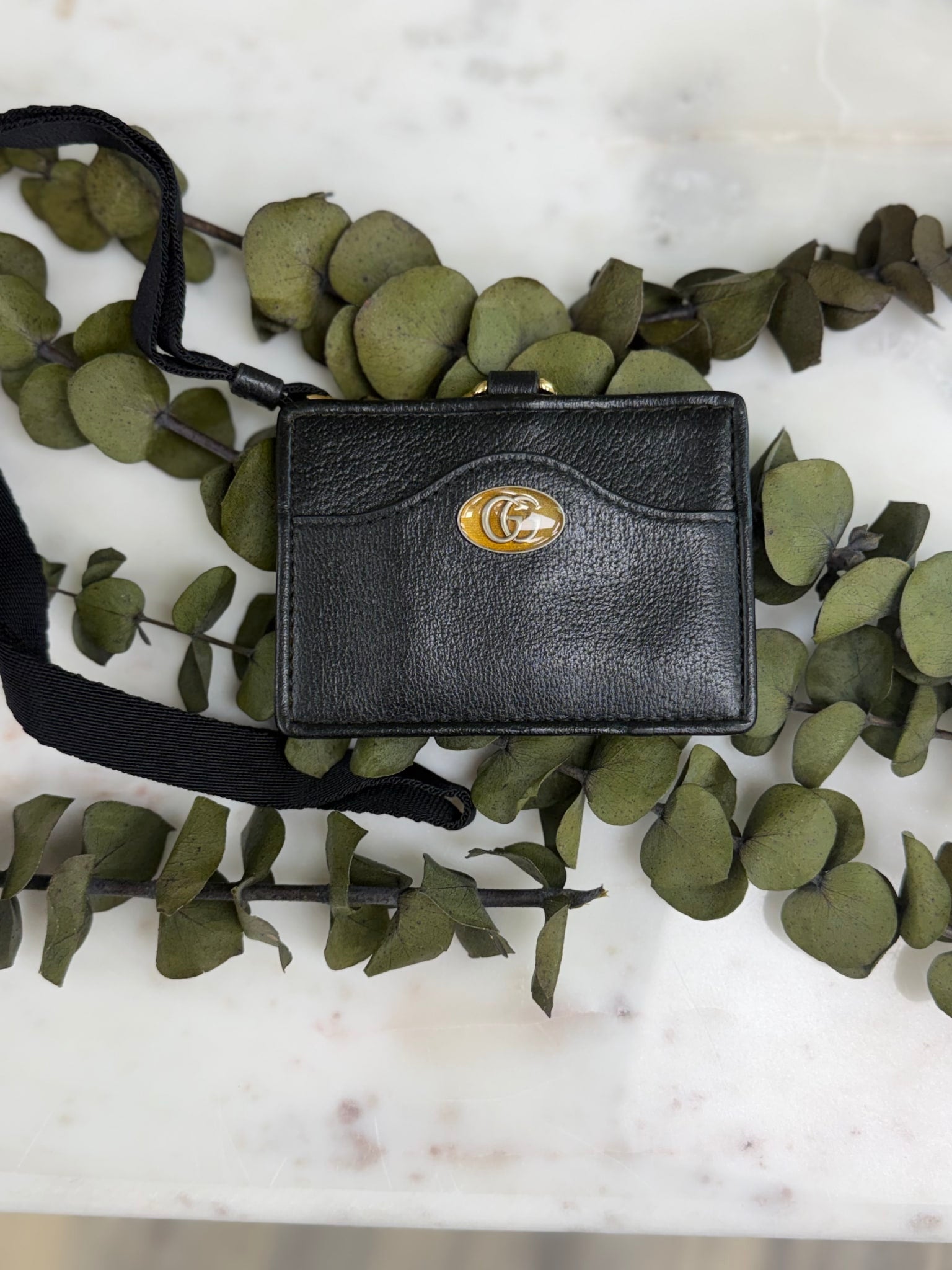 Gucci Black Leather Marina Card Case Lanyard