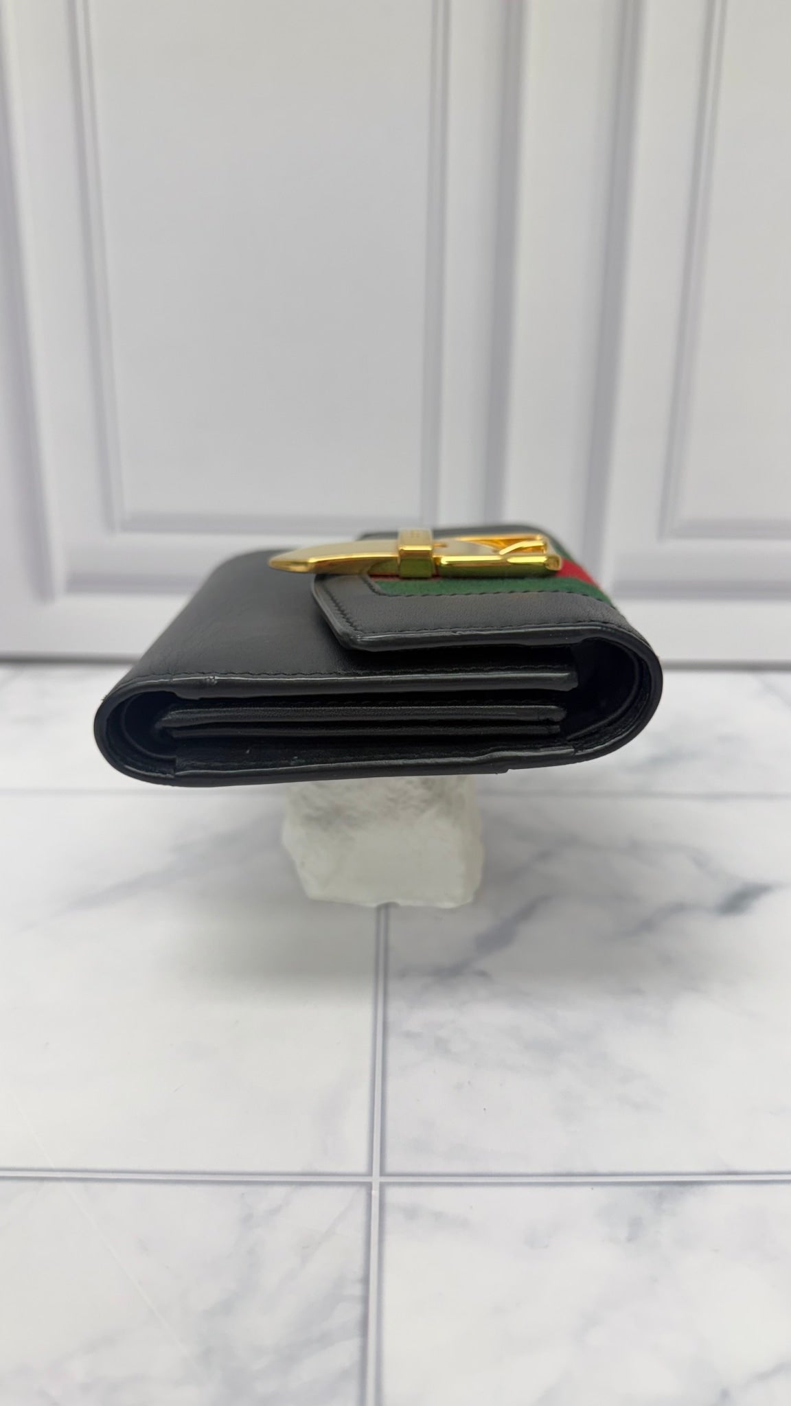 Gucci Black Leather Web Sylvie Compact Trifold Wallet