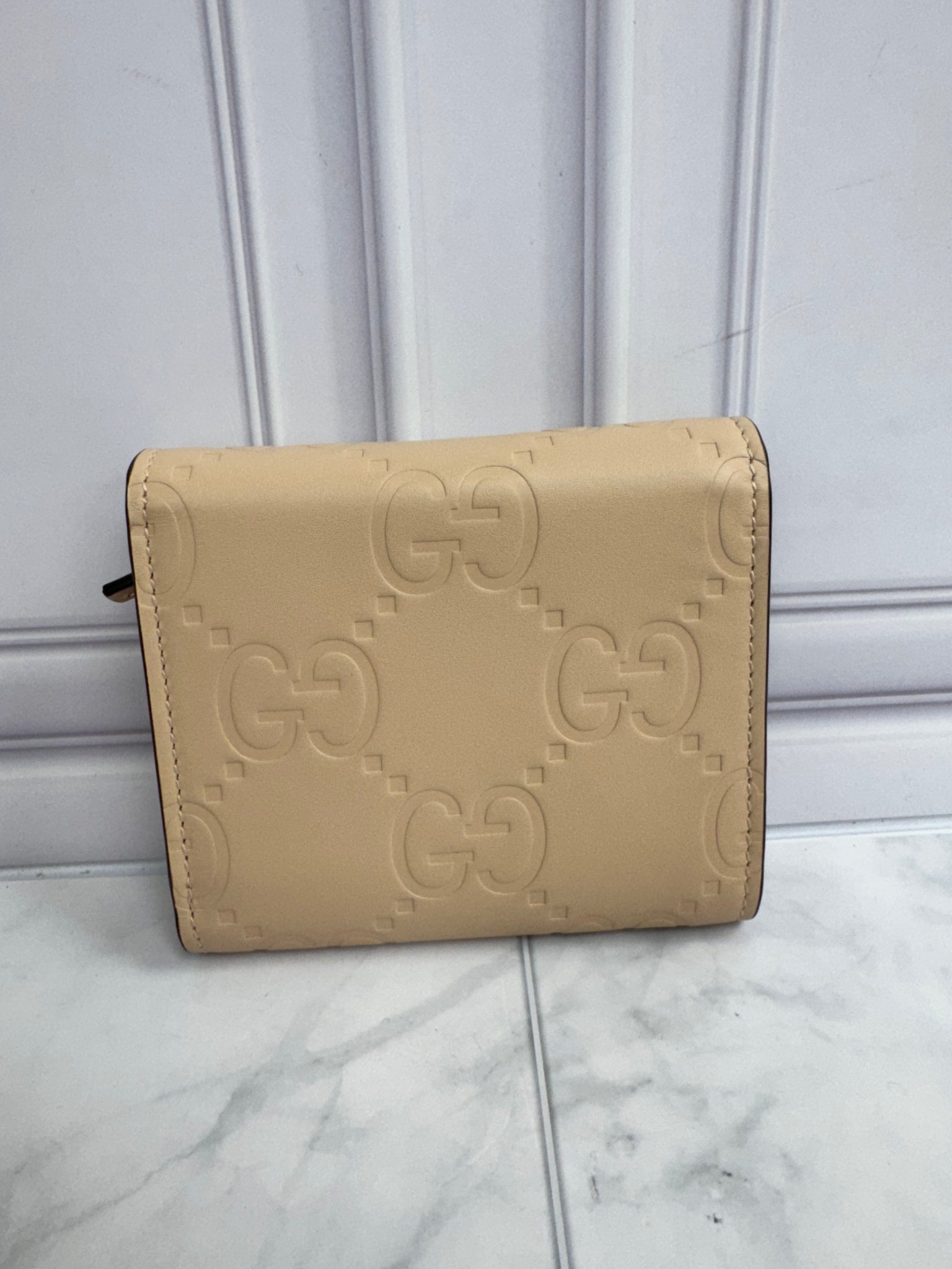 LIKE NEW - Gucci Beige GG Embossed Leather Gilbert Trifold Compact Wallet