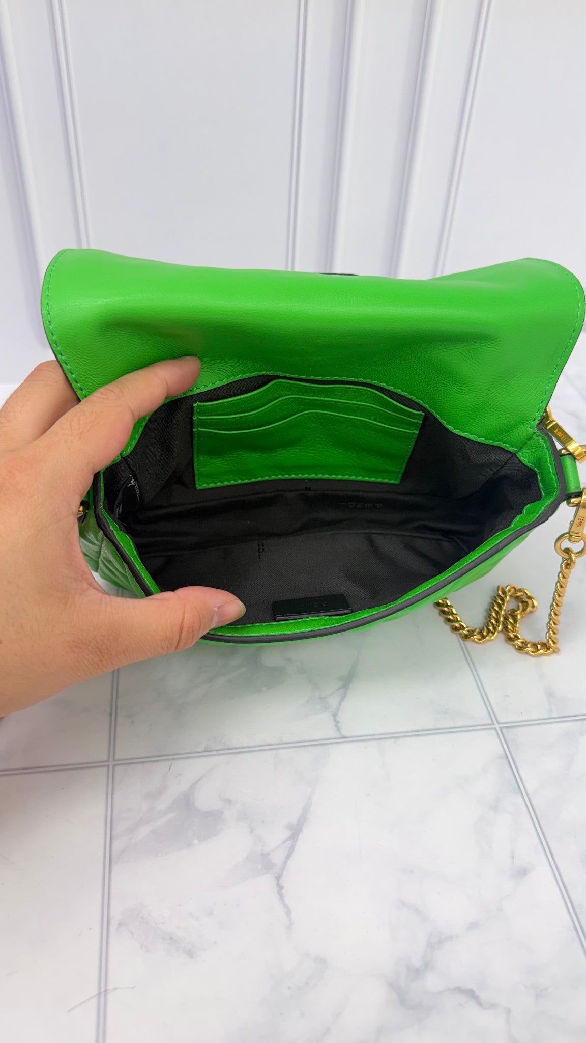 BRAND NEW - Fendi Green Leather Embossed Mini Baguette Chain Crossbody Bag 