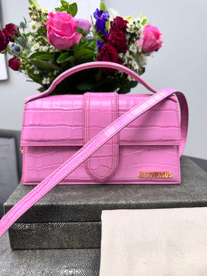 BRAND NEW - Jacquemus Pink Croc Embossed Leather Le Bambino Long 2Way Bag