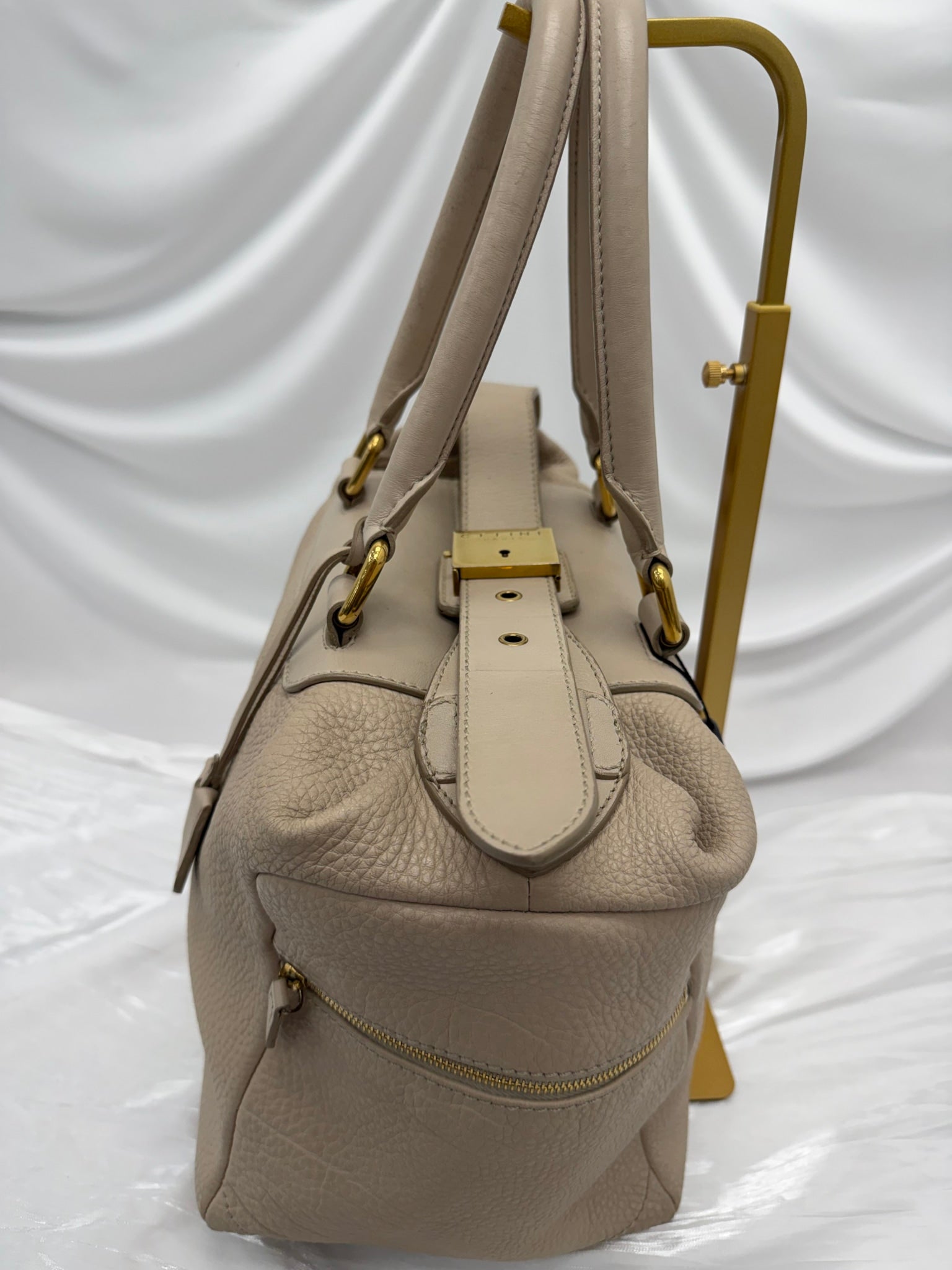 Celine Cream Pebbled Leather Top Handle Lock Bag
