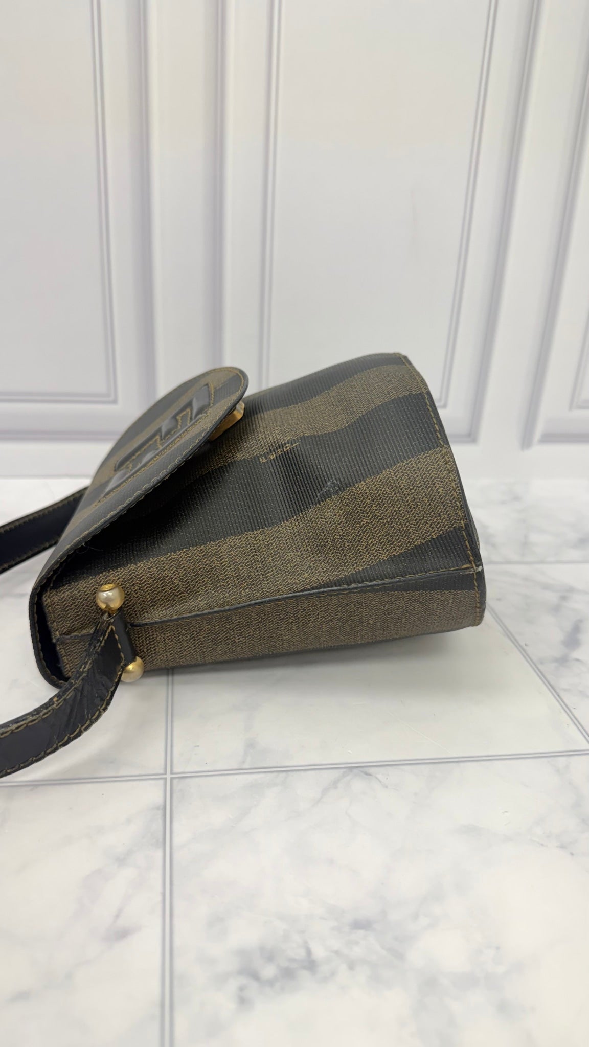 Fendi Brown And Black Coated Canvas Pequin Stripe Shoulder Bag 