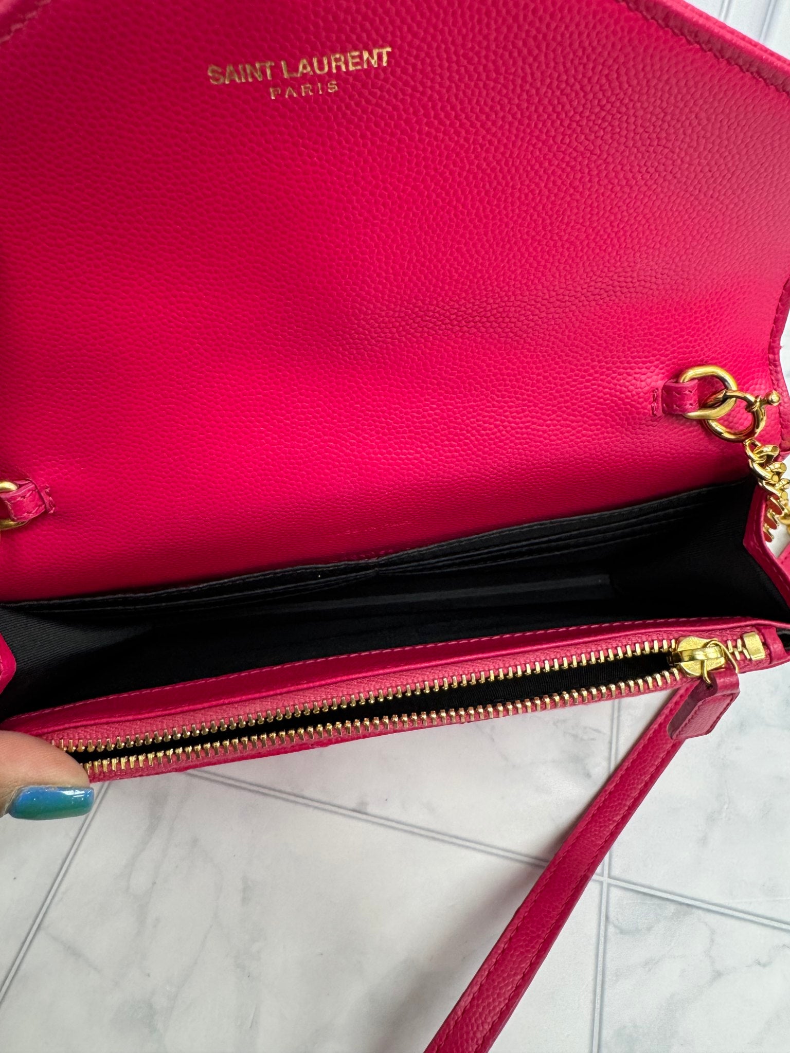 Saint Laurent YSL Pink Chevron Quilted Pebbled Leather Small Envelope Wallet On A Chain