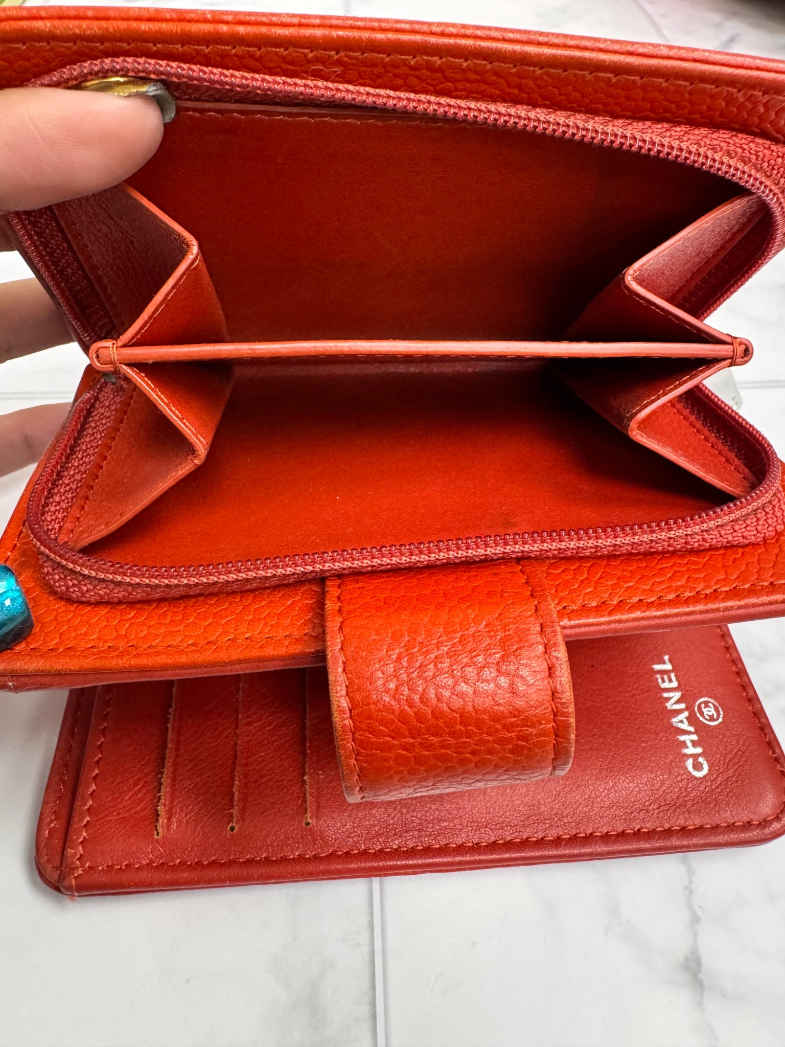 Chanel Orange Caviar Leather French Compact Wallet