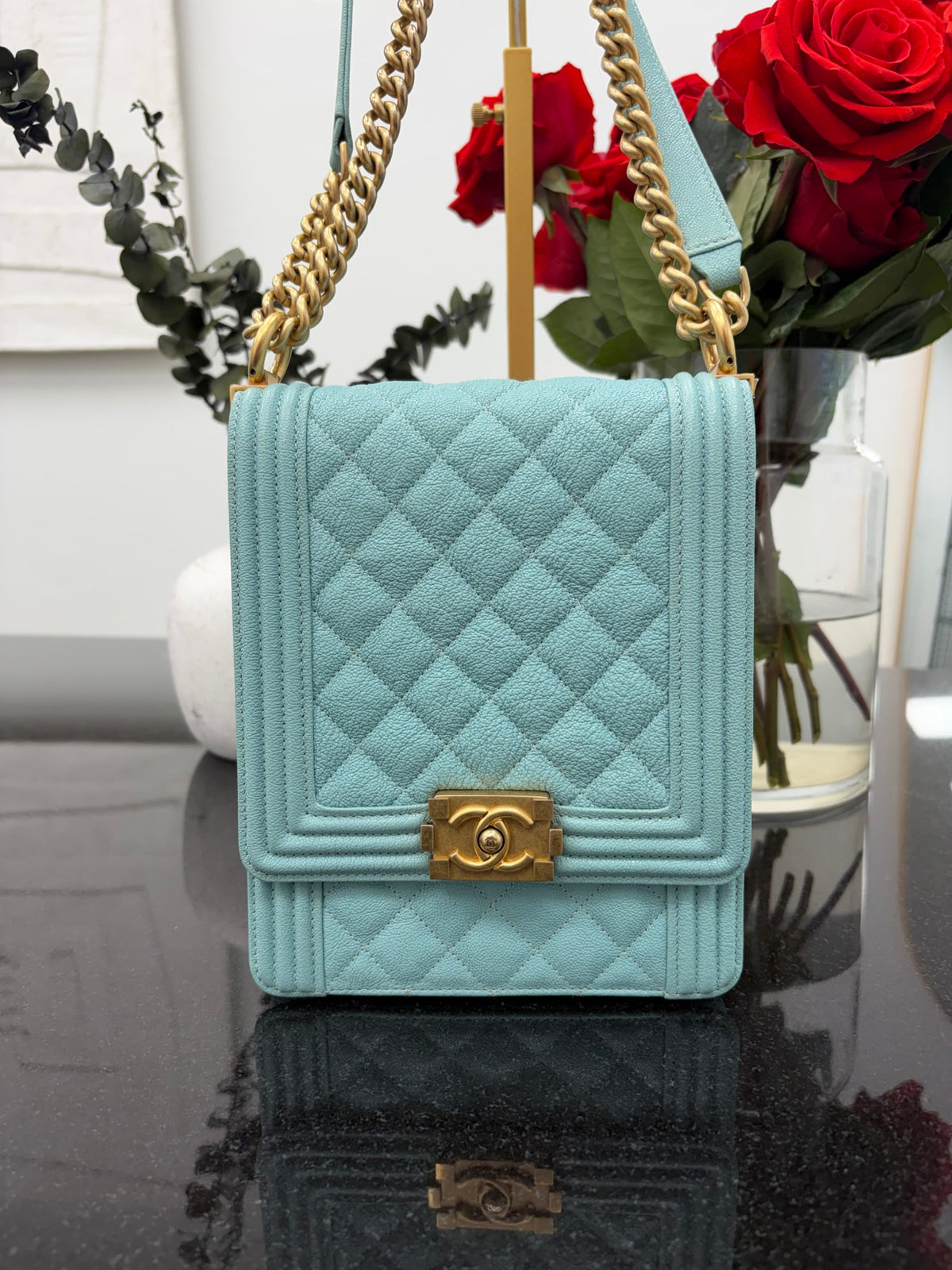 Chanel Light Blue Quilted Caviar Leather North South Boy Bag