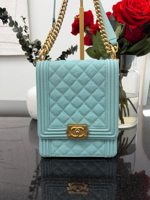 Chanel Light Blue Quilted Caviar Leather North South Boy Bag