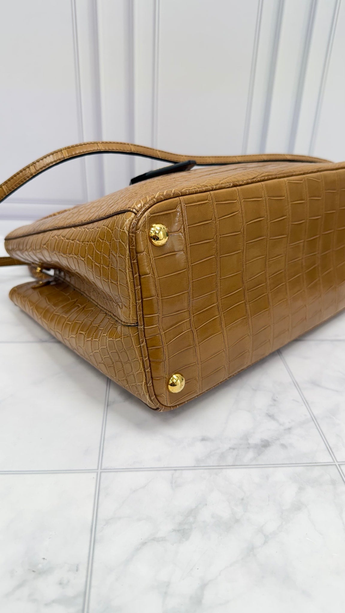 Prada Caramel Croc Embossed Leather Top Handle 2Way Bag
