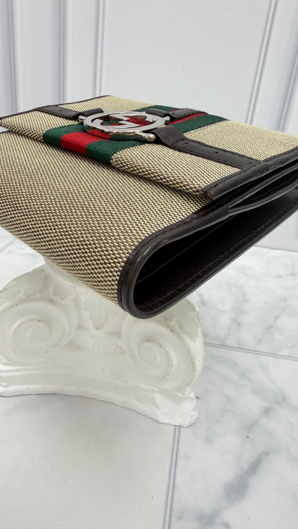 Gucci Vintage Beige & Brown Canvas Interlocking G Web Compact Wallet