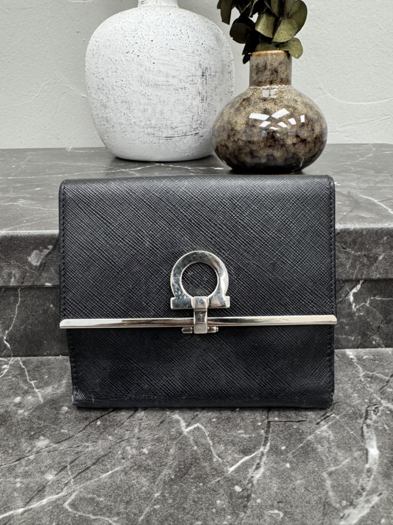 Salvatore Ferragamo Black Saffiano Leather Compact Wallet