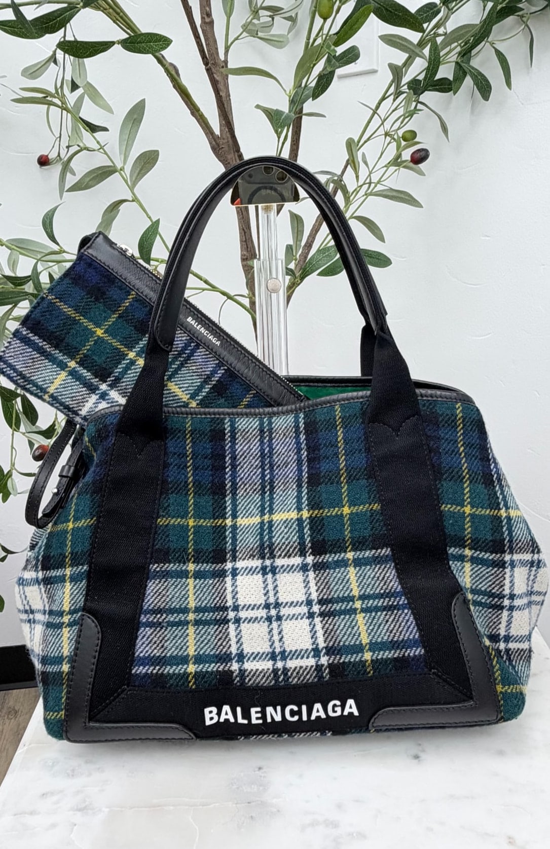 Balenciaga Green And Blue Plaid Wool Tote Bag 
