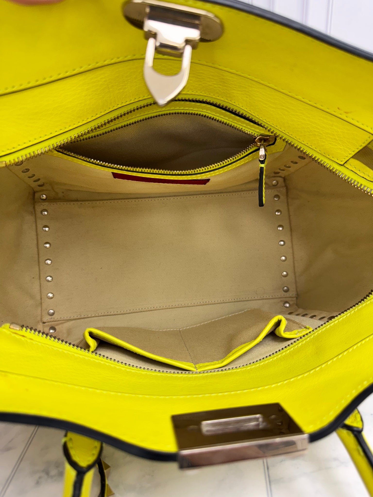 Valentino Yellow Leather Rockstud Double Handle Tote Bag