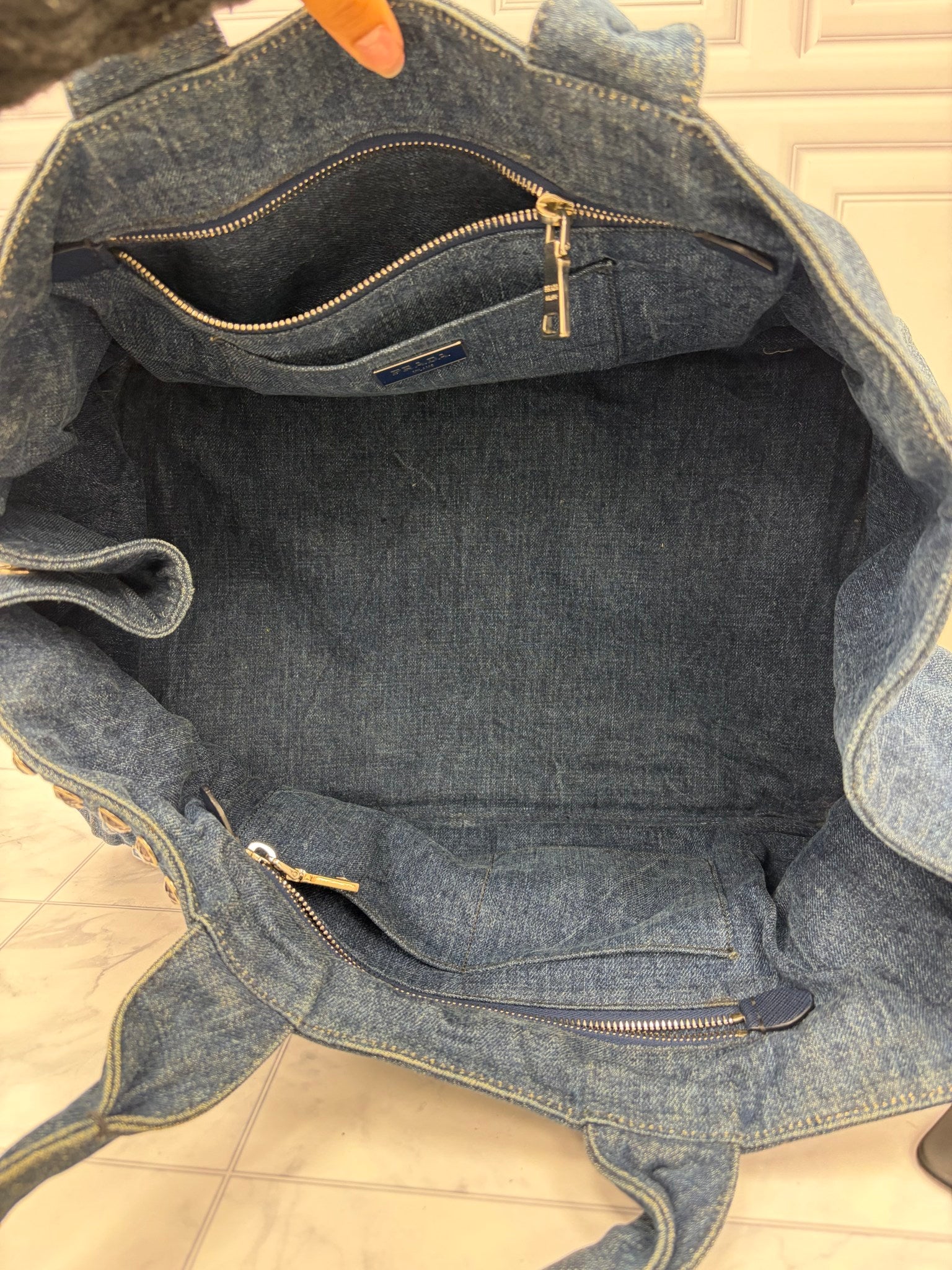 Prada Blue Denim Studded Canapa Tote Bag 