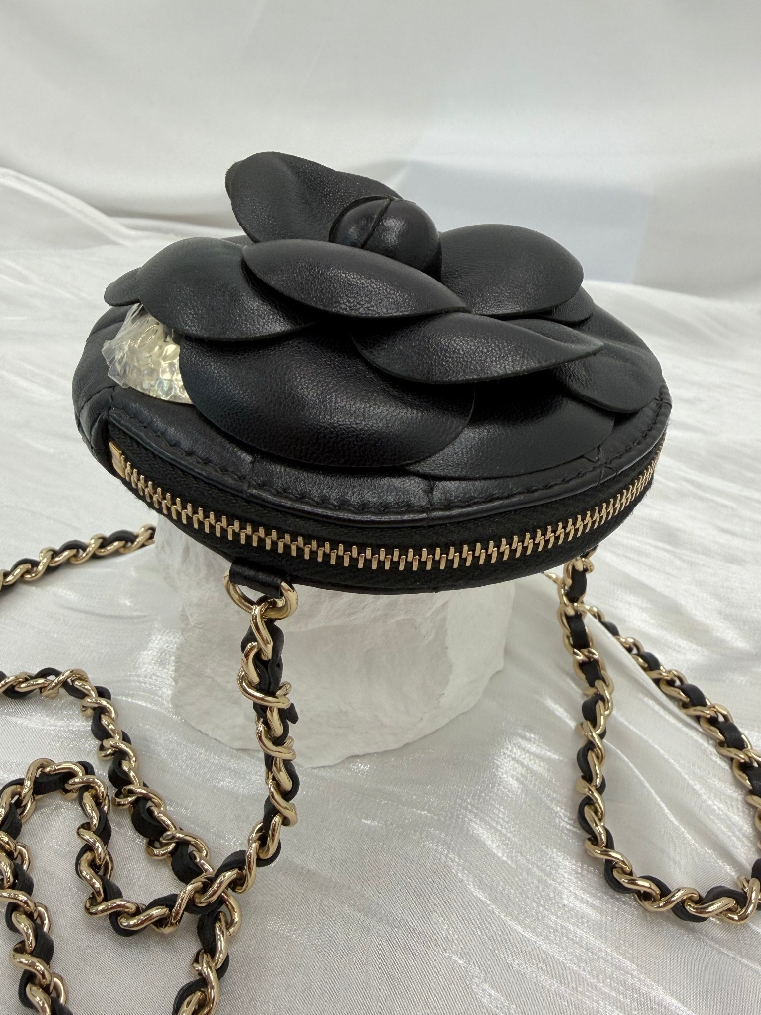 LIKE NEW- Chanel Black Lambskin Round Camellia Clutch on a Chain 