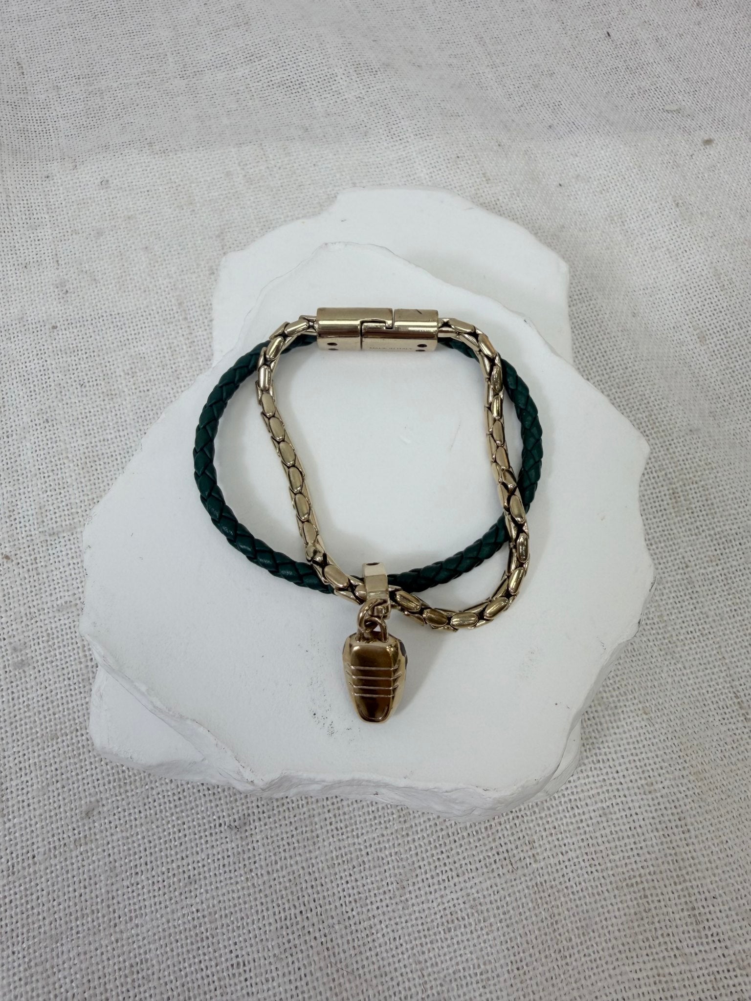 Bvlgari Green Leather Gold plated Brass Chain Serpenti Forever Bracelet 