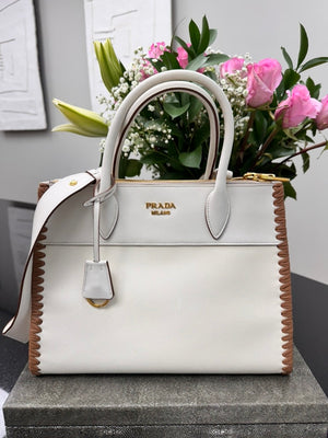 Prada White Saffiano Leather And Whipstitch Trim Paradigme Medium Tote Bag