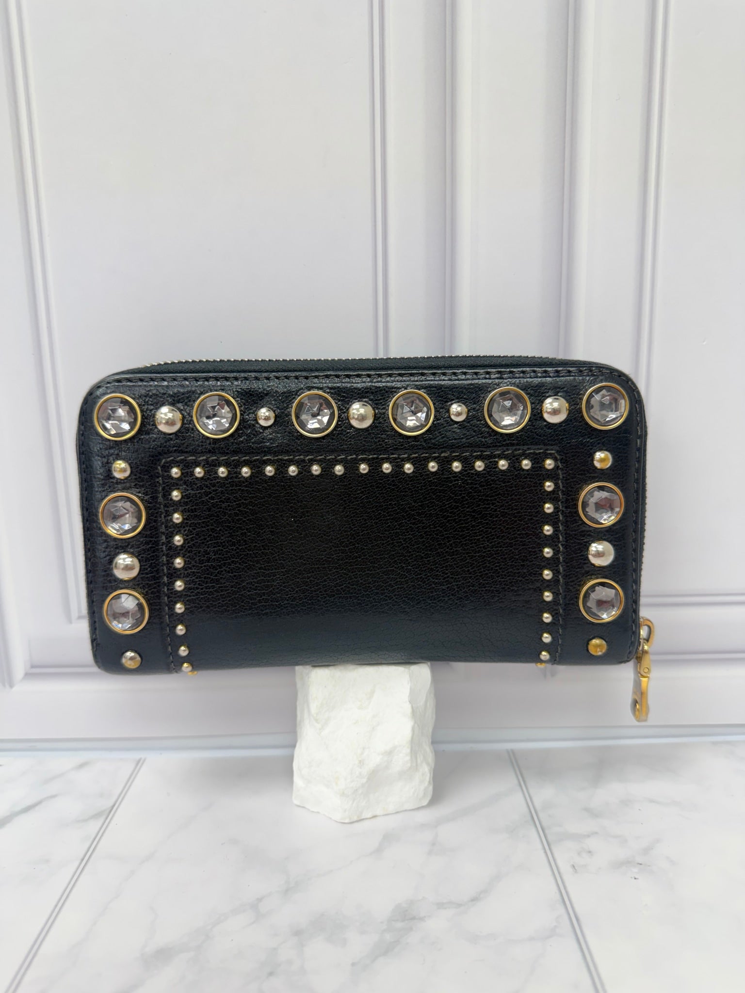 Miu Miu Black Leather Crystal Studded Zippy Wallet 