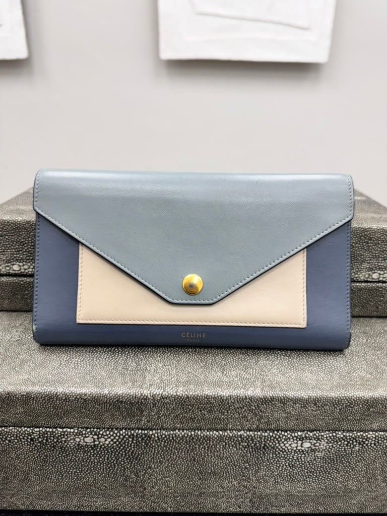 Celine Tricolor Leather Pocket Trifold Envelope Long Wallet
