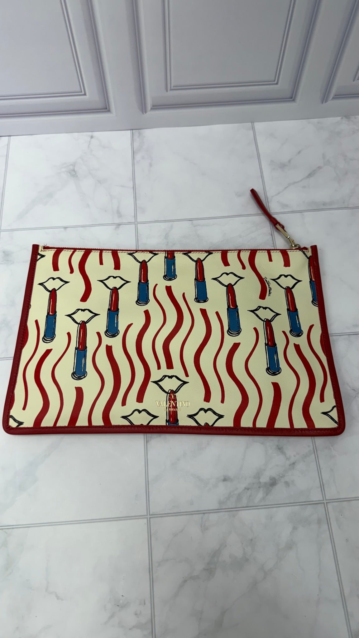 Valentino White Lipstick Printed Leather Pouch