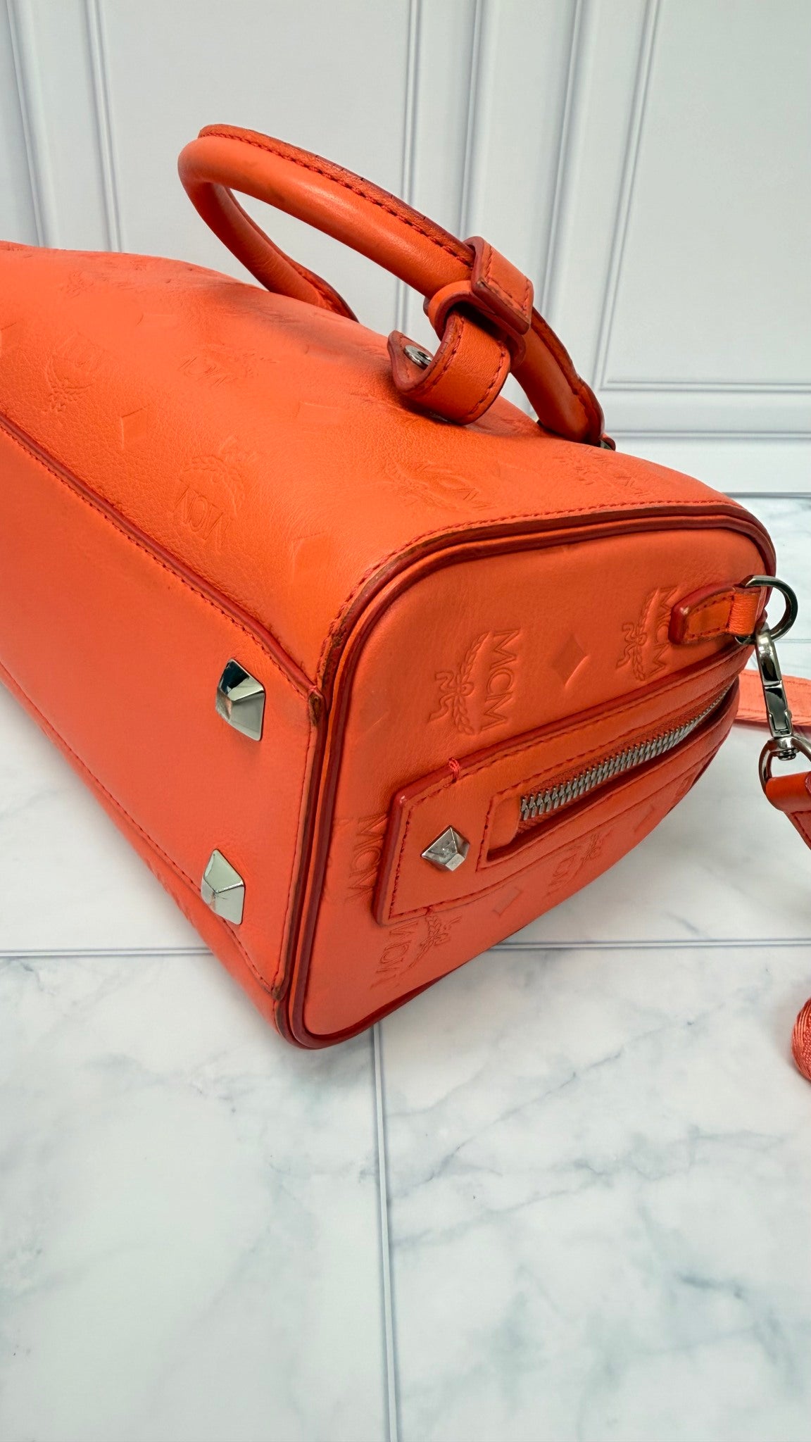 MCM Coral Visetos Leather Boston Bag