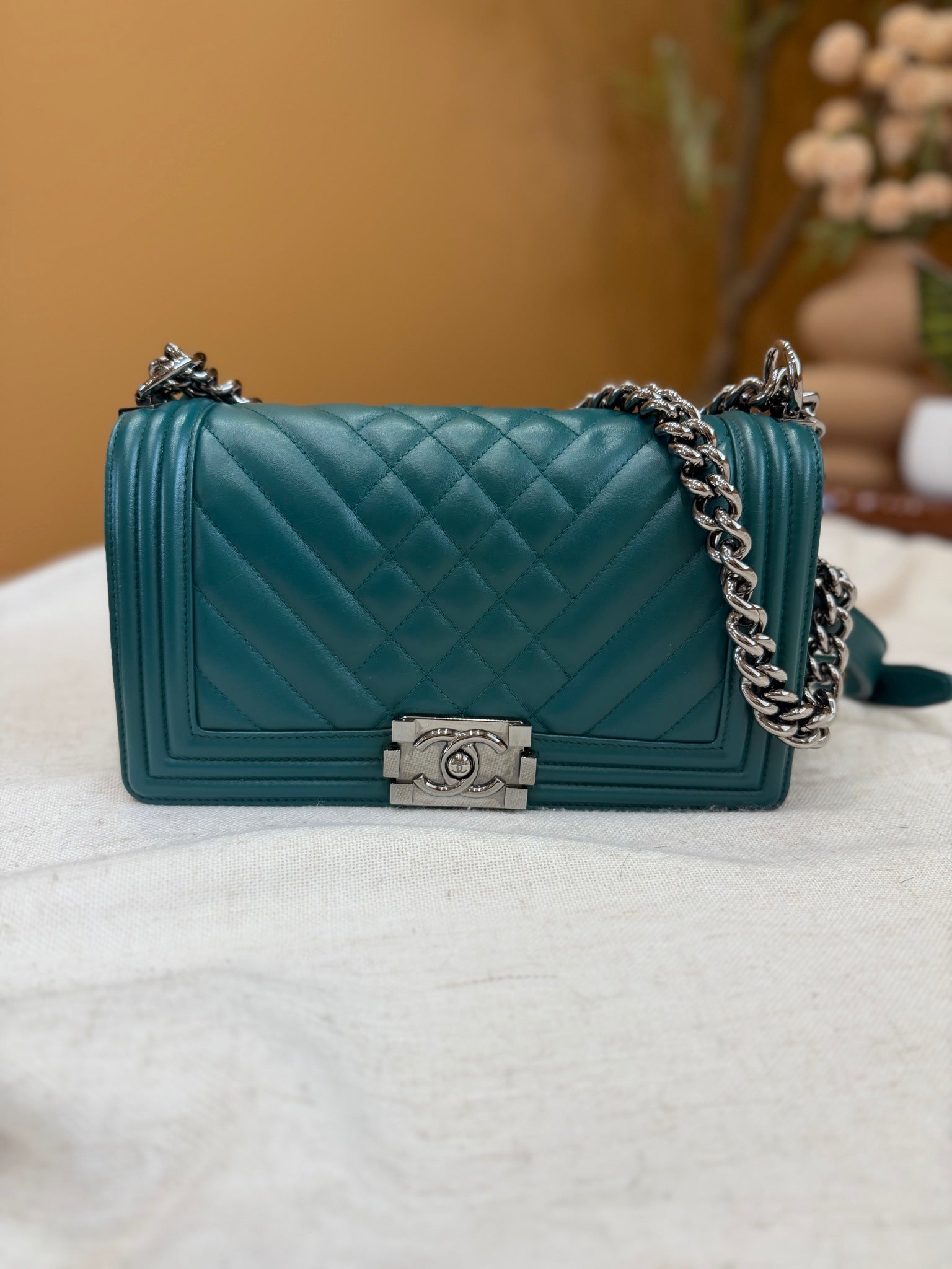 Chanel Dark Teal Calfskin Quilted Medium Boy Bag