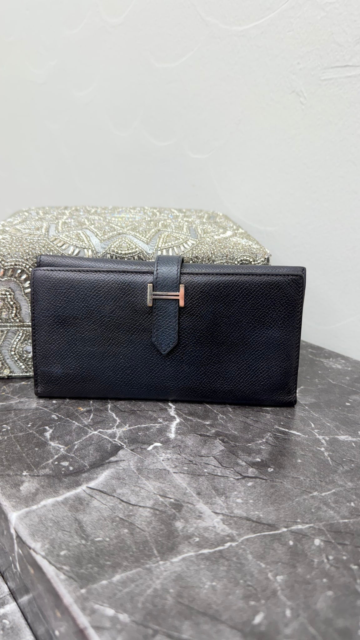 Hermes Black Epsom Leather Bearn Soufflét Long Wallet