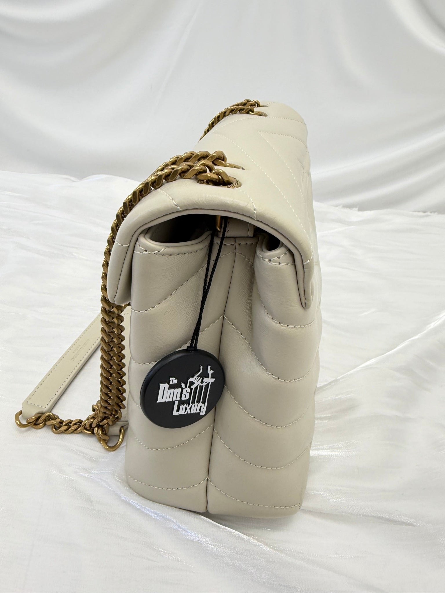 LIKE NEW- Saint Laurent YSL Beige Chevron Leather Small Loulou Bag