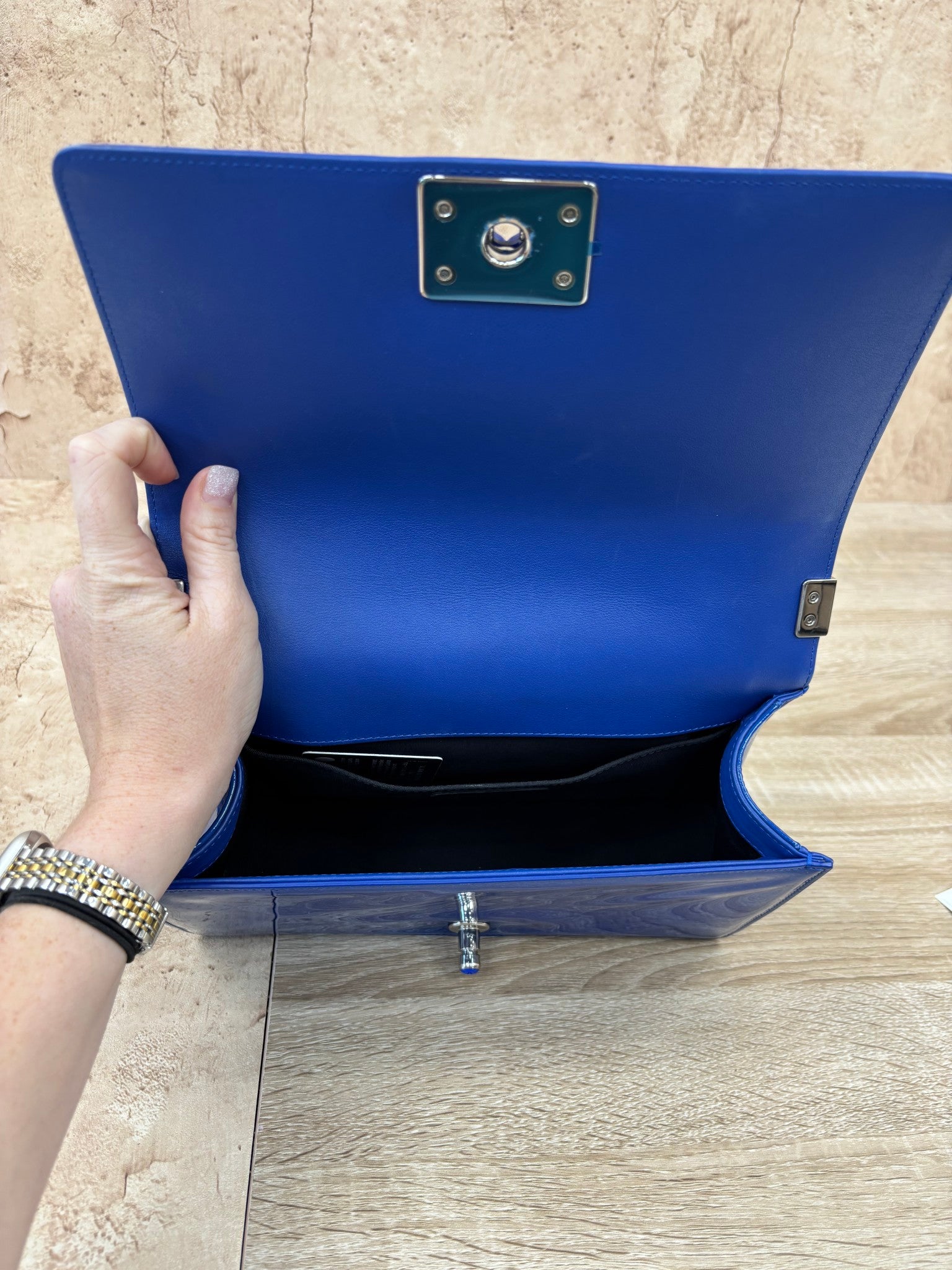 Chanel Blue Patent Leather Quilted Boy Bag