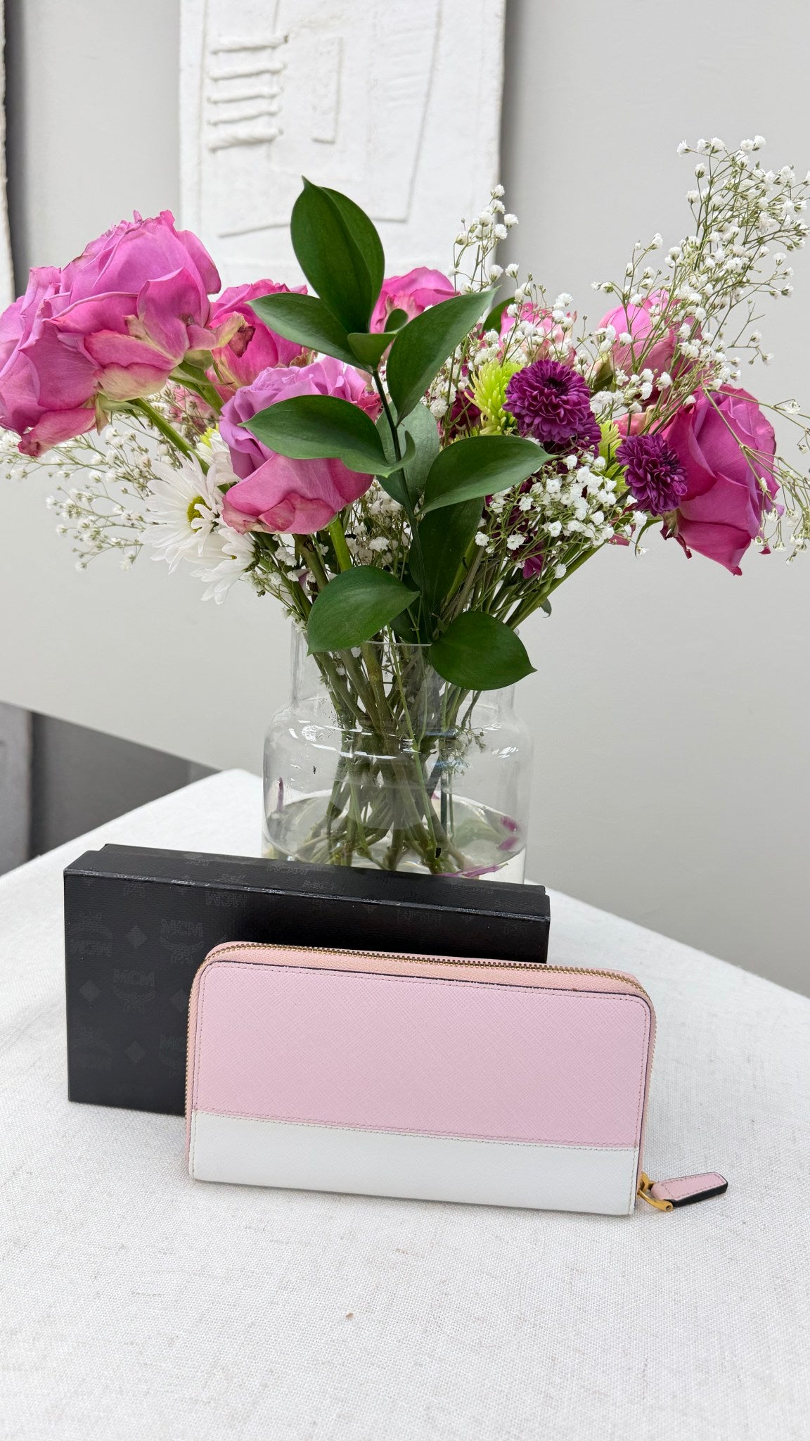 MCM Pink And White Saffiano Leather Zippy Wallet