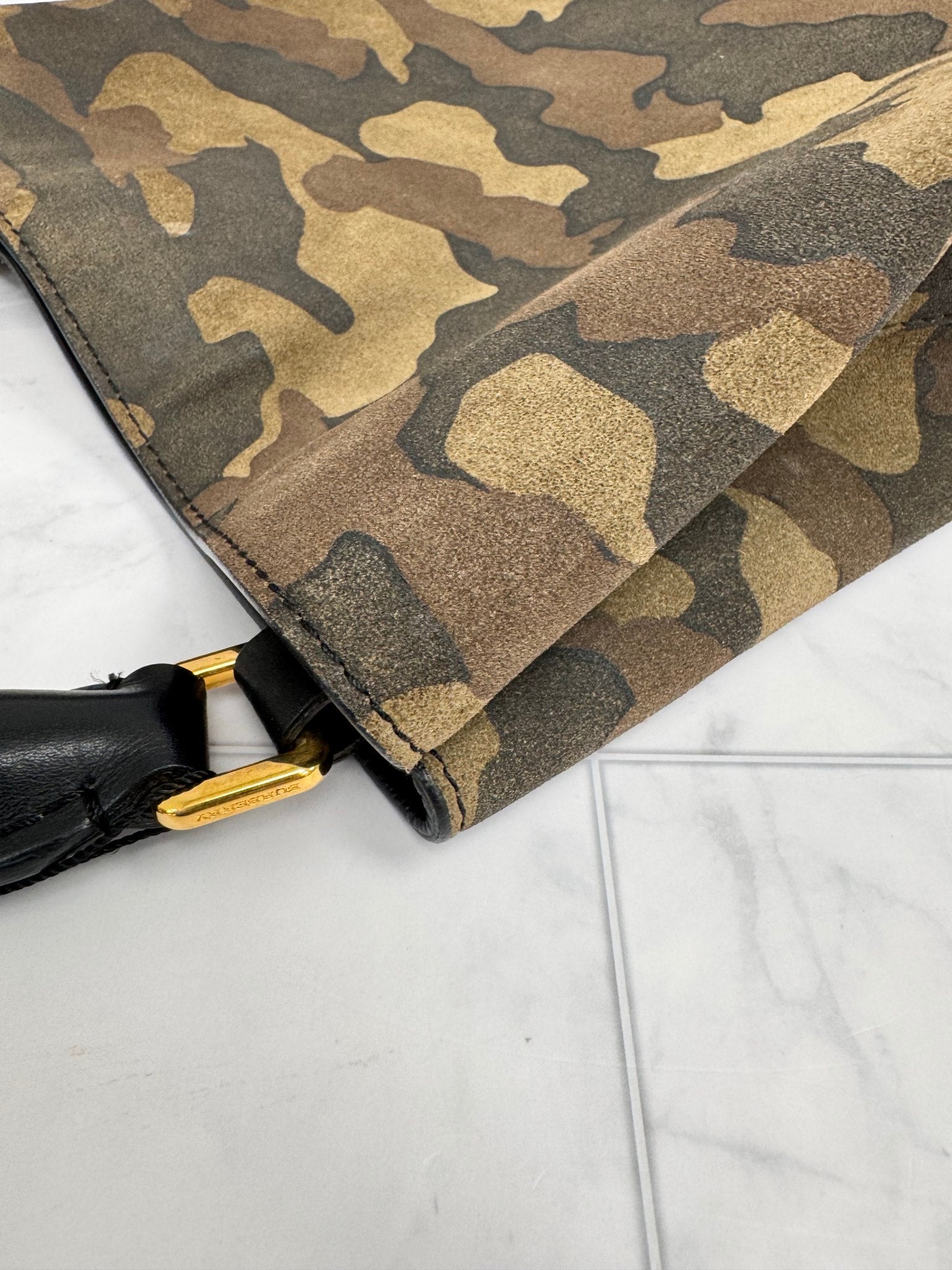 Burberry Brown Camoflauge Suede And Leather Bucket Bag
