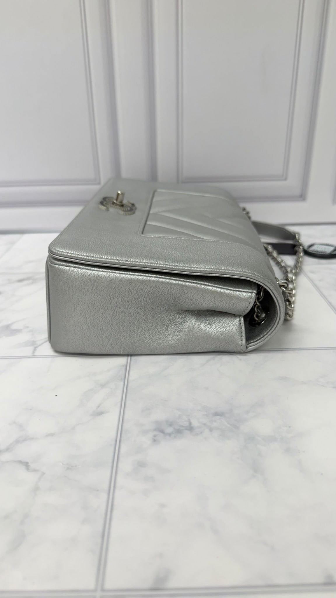 Chanel Silver Leather Mademoiselle Medium Double Flap Bag 