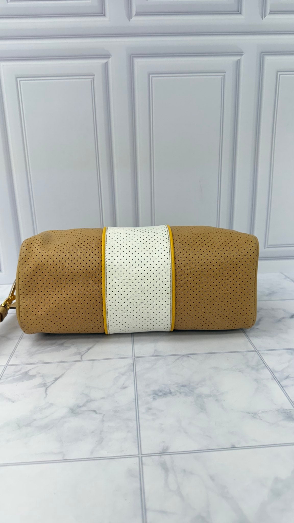 Prada Beige And White Perforated Saffiano Leather Boston Bag