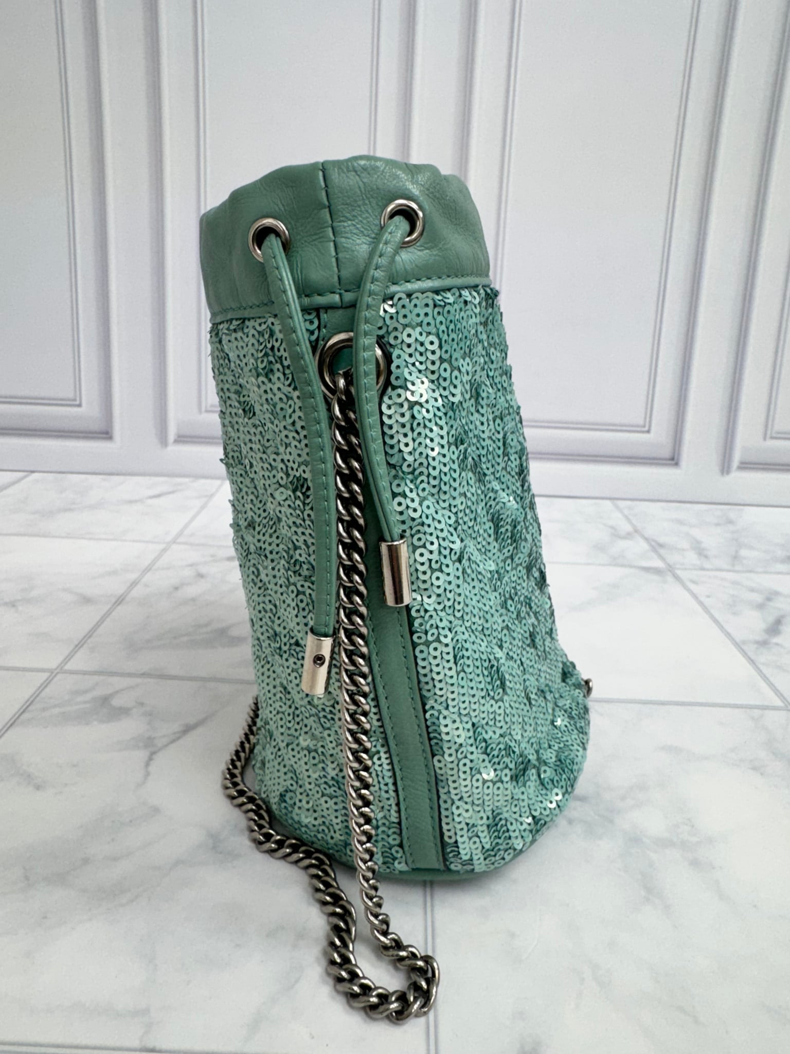Gucci Teal Sequins GG Marmont Mini Bucket Bag