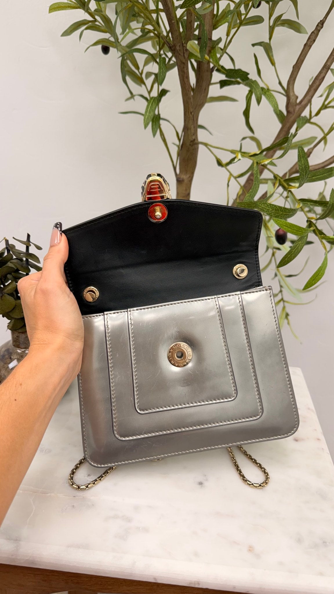 Bvlgari Patent Silver Serpenti Crossbody Bag